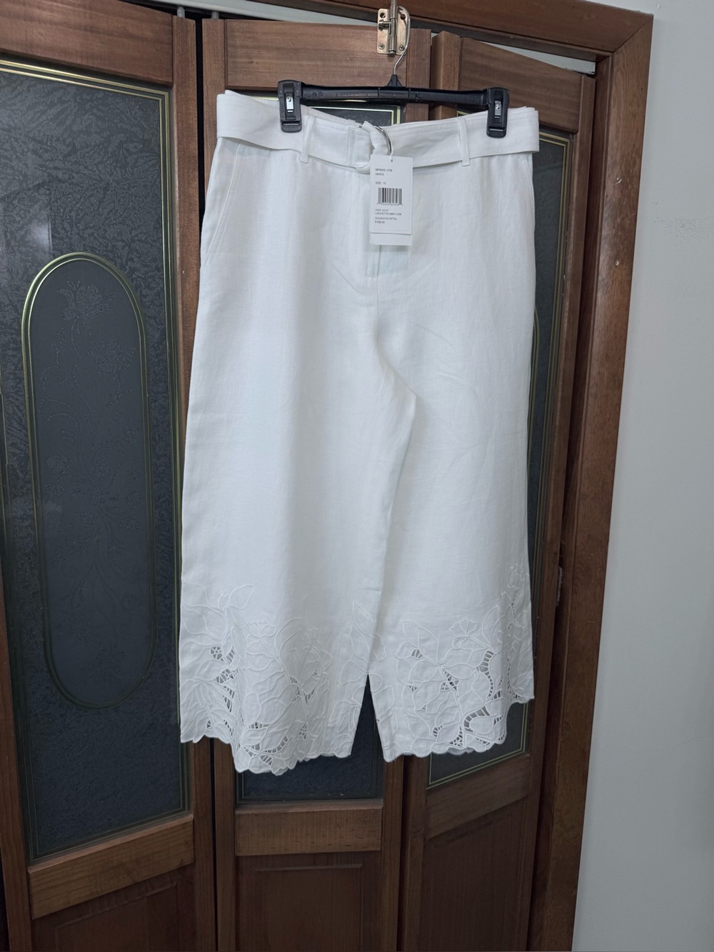 White Wide-Leg Linen Cropped Pants with Lace Hem Lafayette 148 BRAND NEW